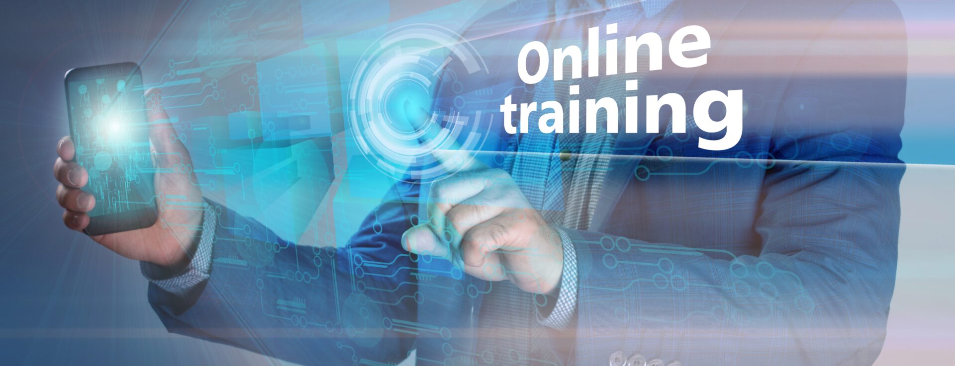 A person is touching an interactive screen with words " online training ".